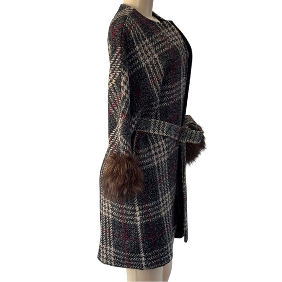 Vintage Y2K Echo Brown Wool Blend Plaid Overcoat Faux Fur Cuffs Wrap‎ Jacket M/L - Picture 6 of 15